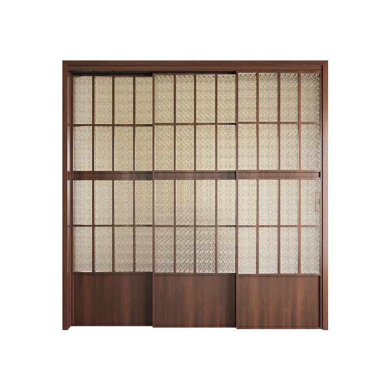 French retro titanium magnesium alloy sliding door, walnut partition hanging rail three linkage sliding door