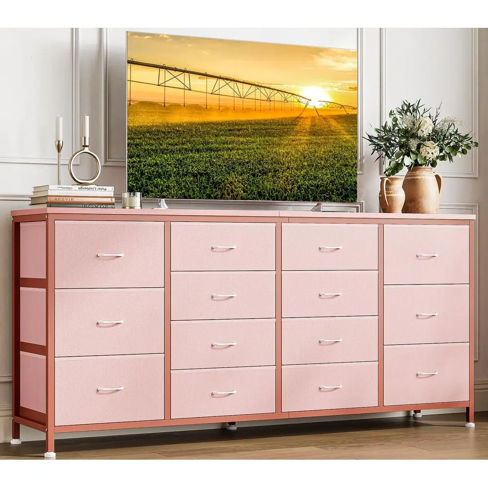 W Pink Long Fabric Dresser TV Stand with 14 Drawers, Power Outlets, for 65 70 75 Inch TVs, Entertainment Center for Bedroom Livi