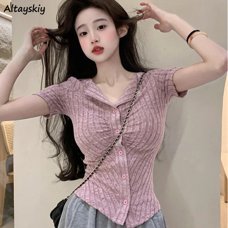 

Short Sleeve Cardigan Women Pleated V-neck Slim Casual Knitted Tops New All-match Fashion Vintage Tender Seductive Ulzzang Cozy