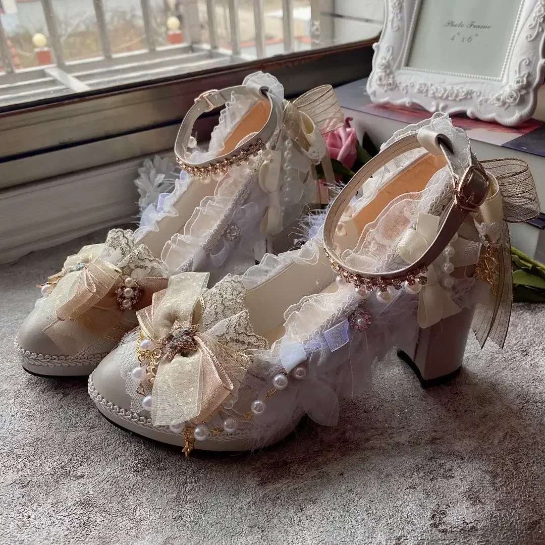 

Girl's Heart Handmade Sweet Flower Wedding High Heels White Gold Female Lolita High Heels Thick Heels Lo Shoes Stage Performance