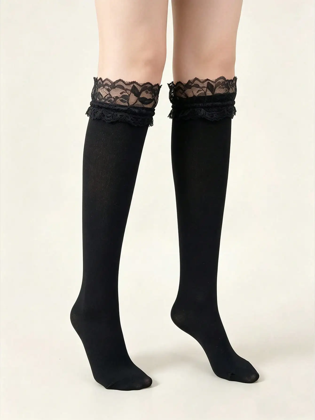 Women's Black Calf-Length Double Lace Ruffle Trim Opaque Socks, Preppy Gothic Style Hosiery for Daily & Party Wear view 6