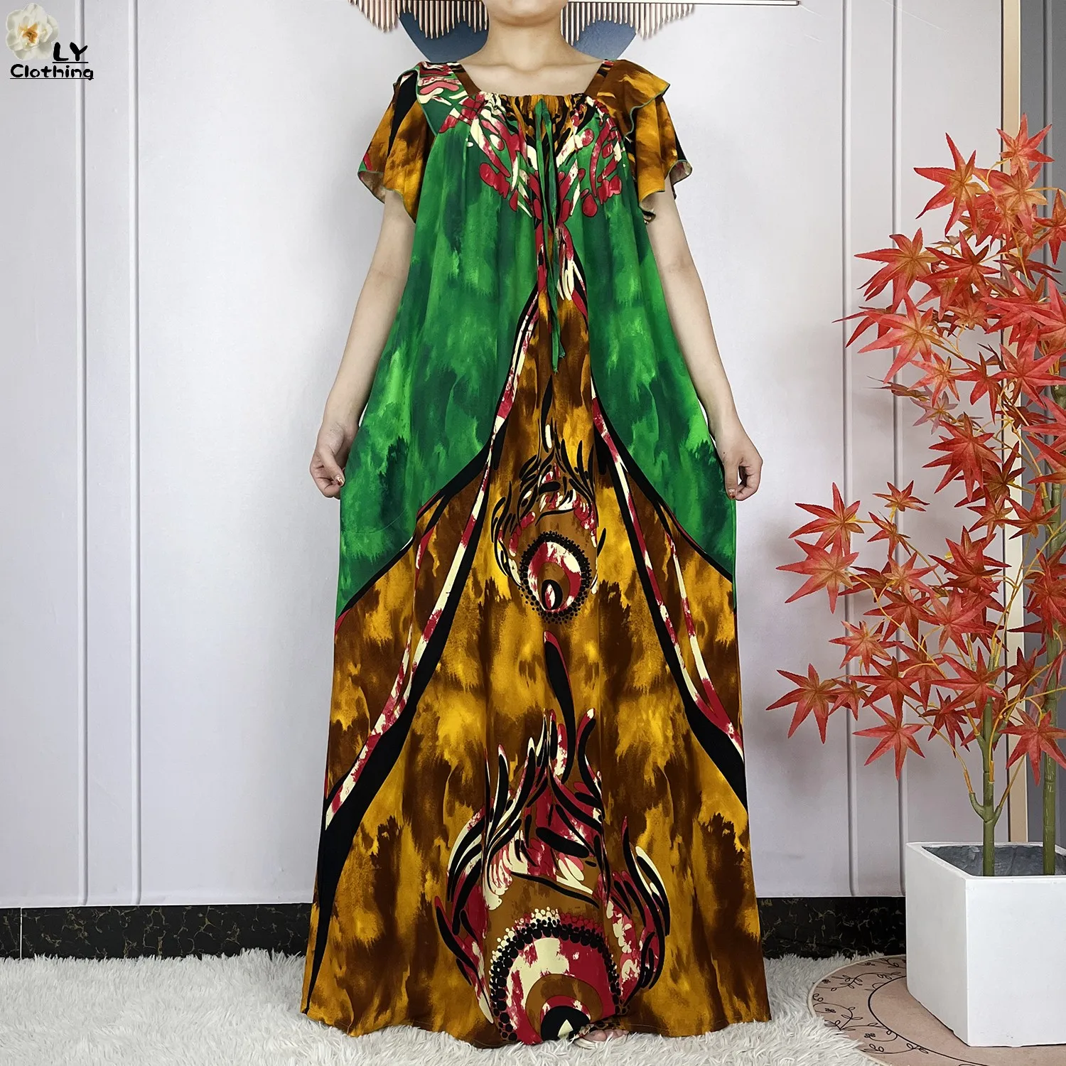 2024New Dubai Summer Fashion Short Sleeve Woman Dress African Dashiki Floral Printing Cotton Loose Islam Lady Dresses With Scarf