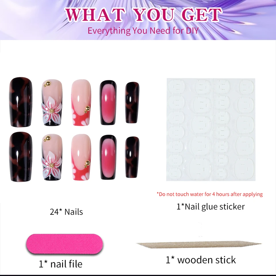 24 Piezas Uñas Postizas Francesas Acrílicas Largas Cuadradas con Flores y Perlas 3D, Juego Perfecto Incluido 4