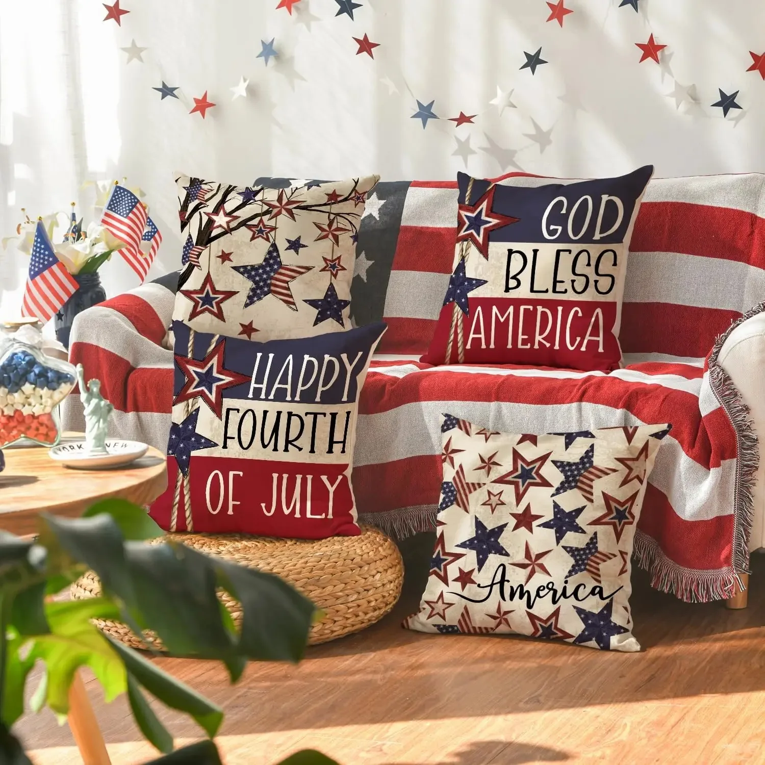America Stars Tree Throw Pillow Covers, 4th of July Patriotic Independence Memorial Day USA Flag Cushion Case for Couch Set of 4