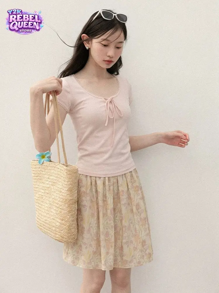 Vintage Cottagecore Dopamine High Waist A-Line Soft Floral Print Skirt Women Petite Slim Fit Midi Vacation Casual Daily Outfit