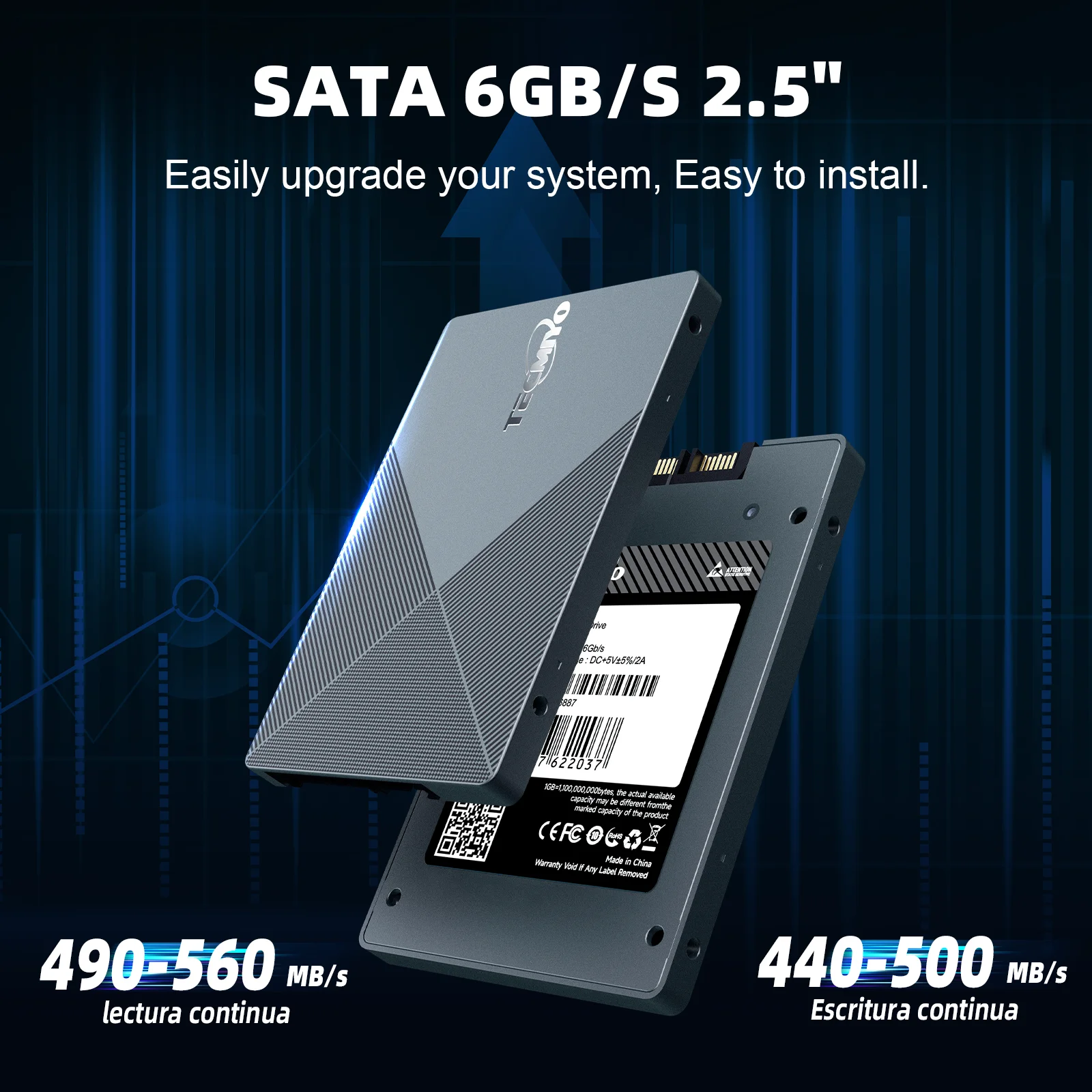 TECMIYO SATA SSD 128GB/240GB/256GB/480GB/512GB/1TB/2TB SATA 2.5 Inch Internal SSD SATA III 6 Gb/s R/W 440-500 MB/s 490-560MB/S