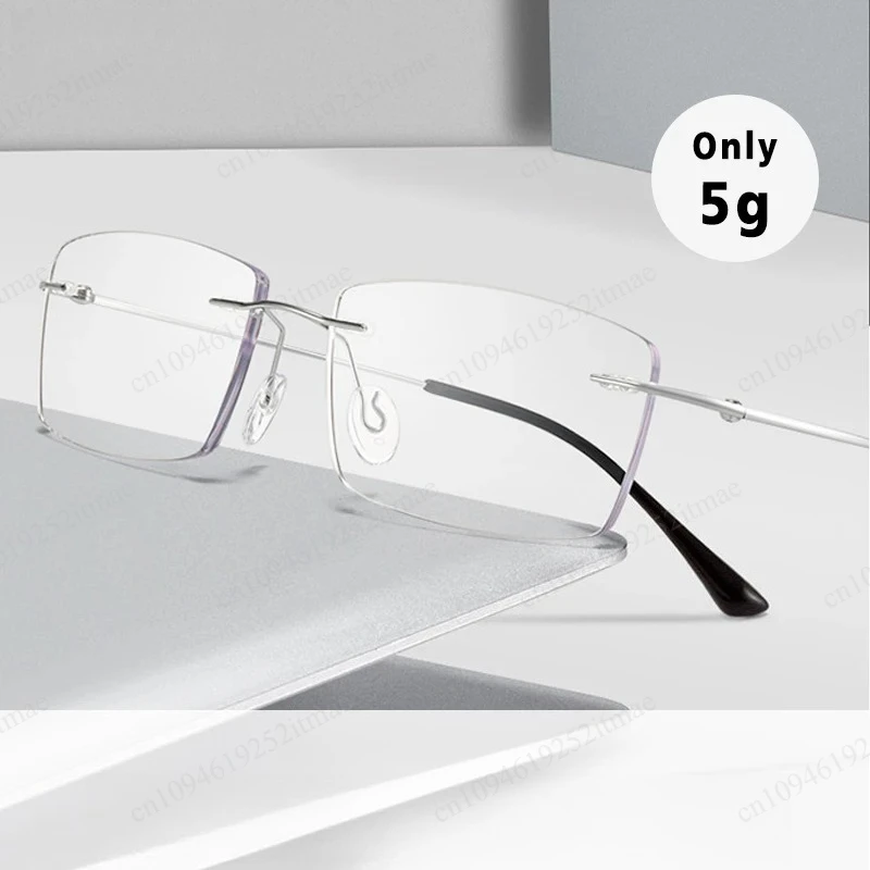 Titanium Rimless Square Spectacles, Anti Blue Light Reading Eyewear