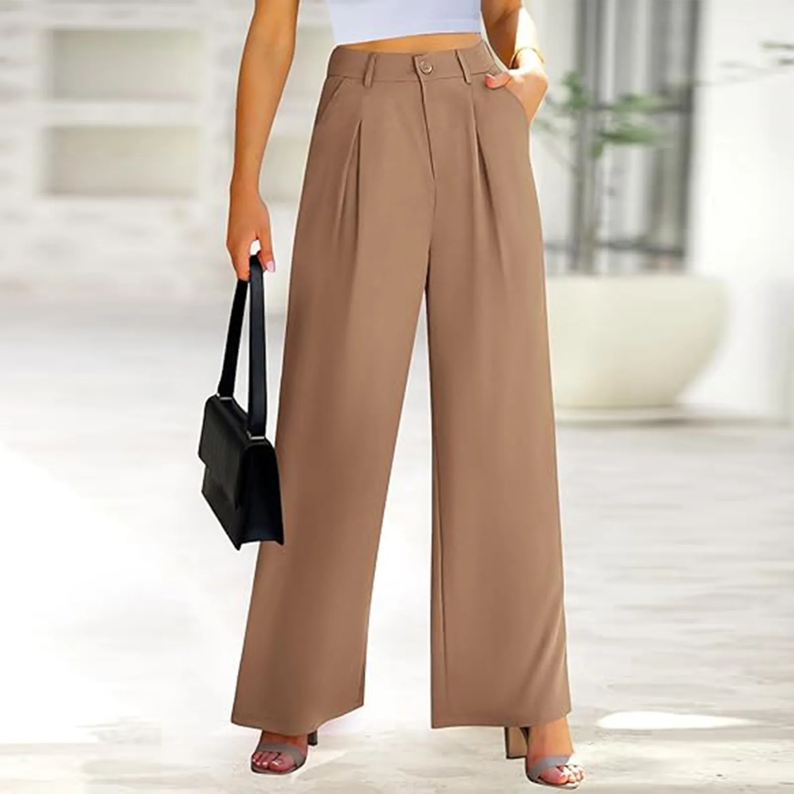 

Spring And Autumn Womens Casual Wide Leg Pants Office Lady High Waisted Work Solid Color Tailored Button Korean Simple Trousers