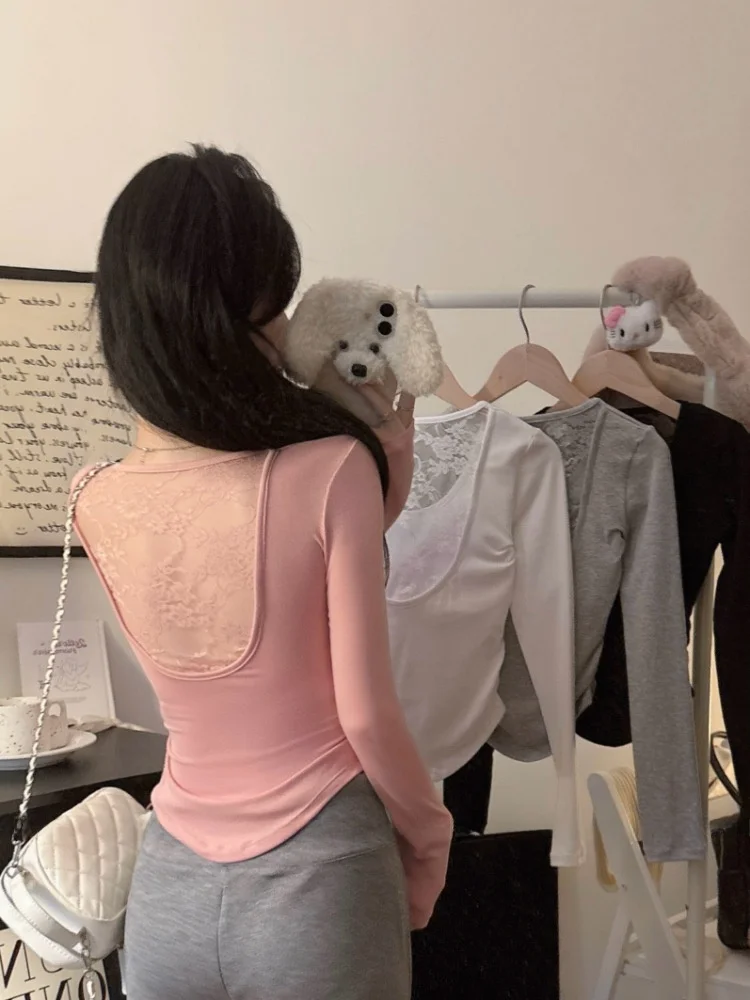 Fall Pure Desire Lace Splice Backless Sexy Spicy Girl Top Gathered Waist Clavicle Exposure T-Shirt with Chest Pad T