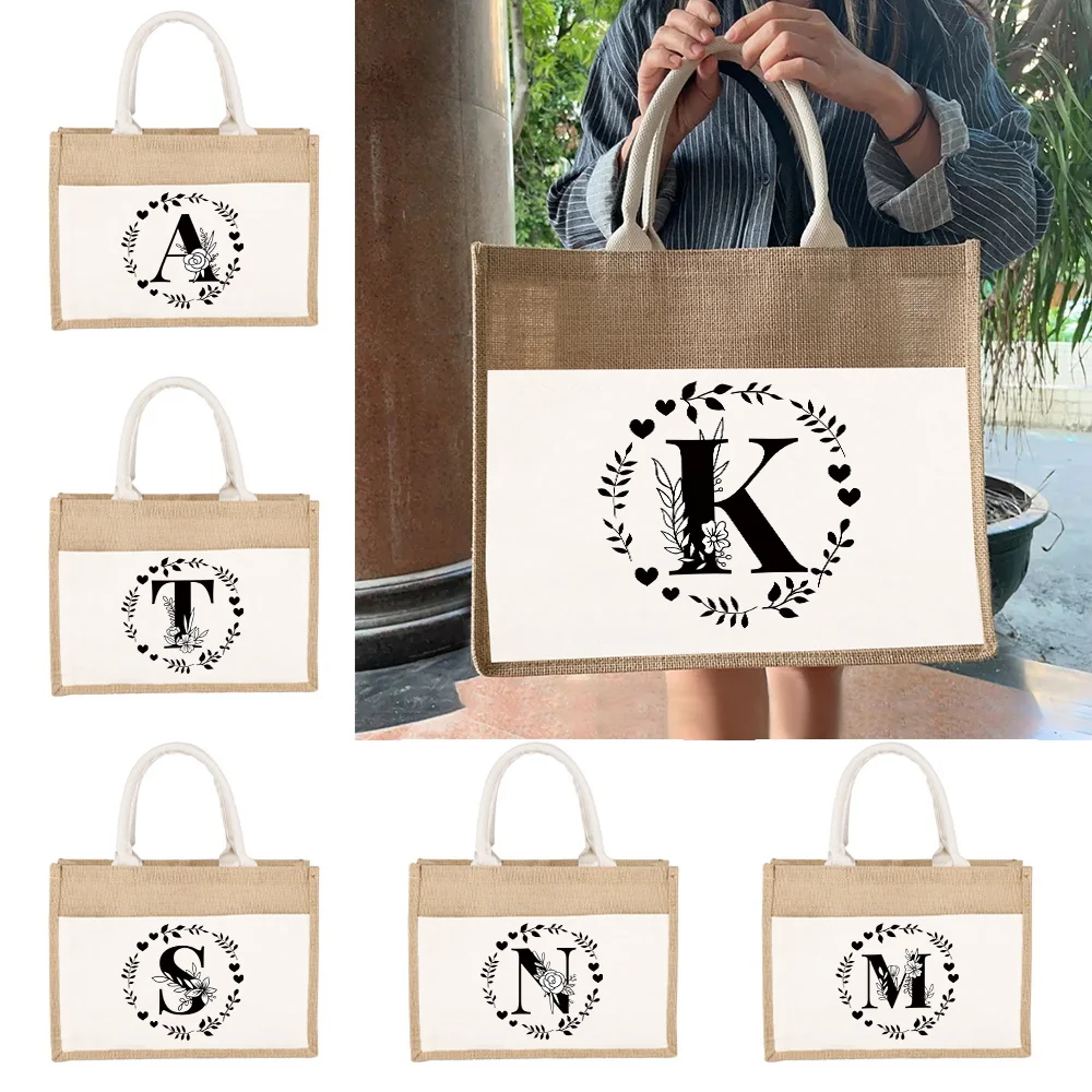 

Jute Bag Women's Shopper Bags Canvas Tote Bags Garland Letter Pattern Series Eco Portable Fashion Merch Shopping Bags