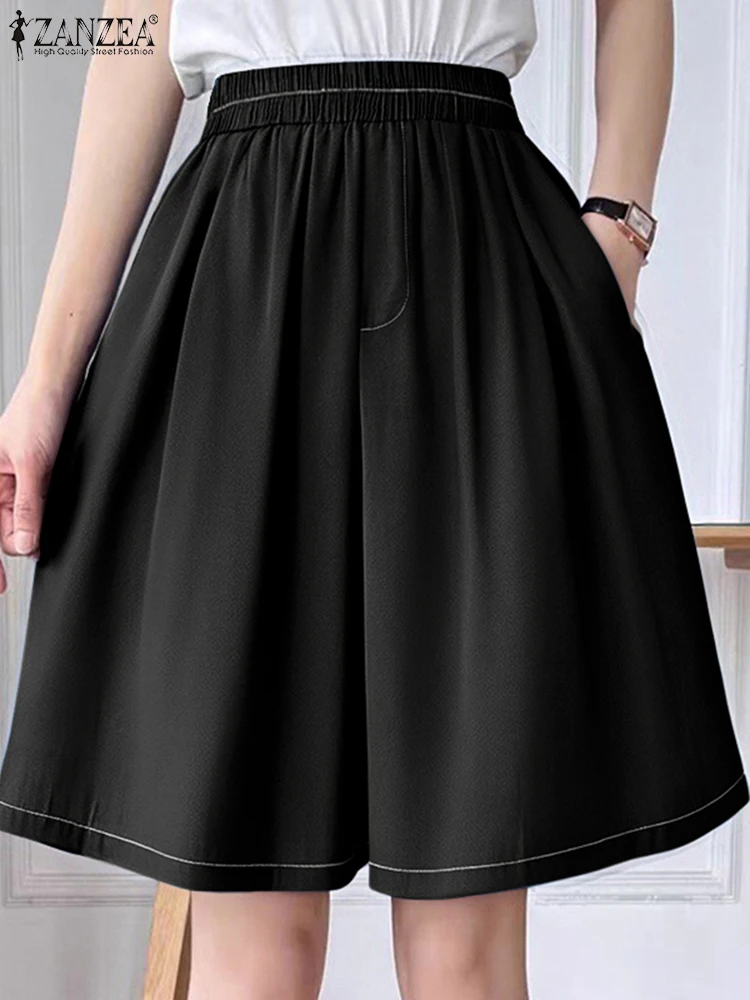

Women Fashion Shorts 2025 ZANZEA High Waist Short Pants Summer Elastic Waist Pantalons Pockets Loose Casual Solid Wide Leg Pants