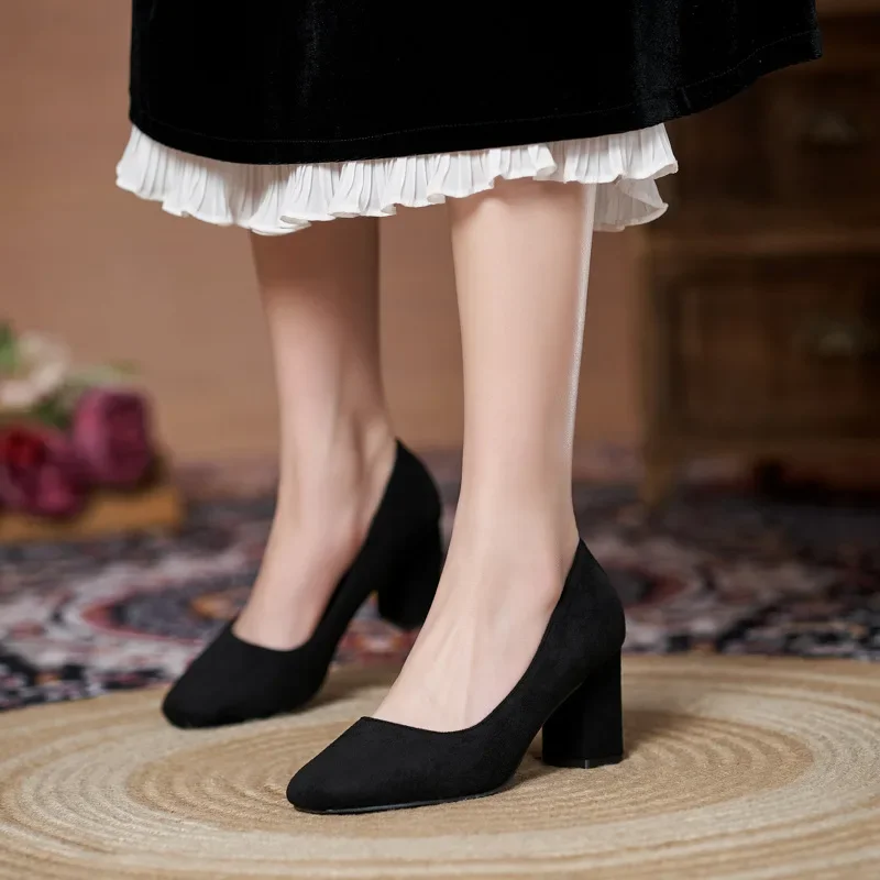 

Square Toe Small Size 31-43 Black Work Shoes Women's Block Heel Pumps 5cm/7cm Suede Office Shoes Slip-On High Heels Daily Wear