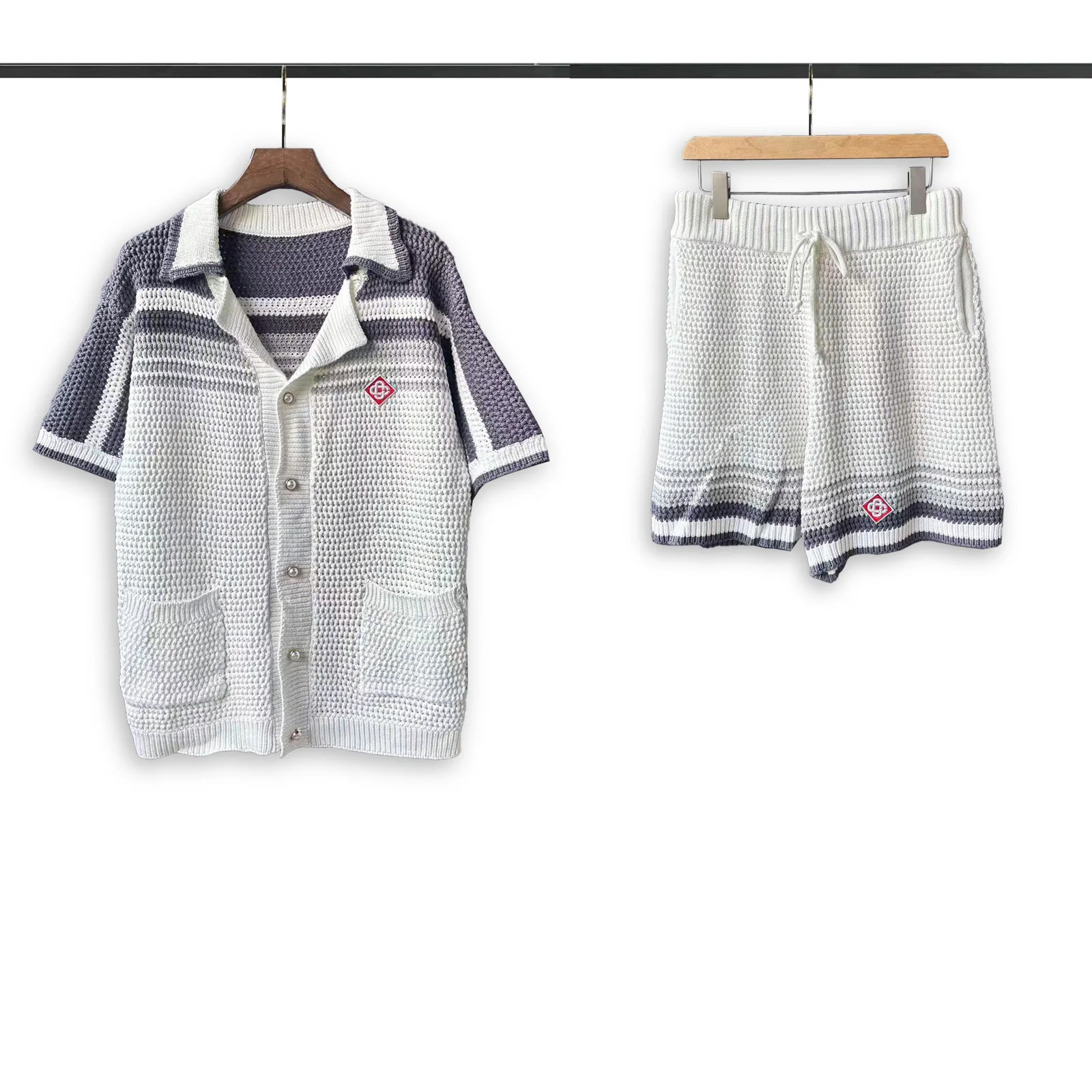

Contrast Color Lapel Knitted Shirts Tracksuits Sets for Men Vintage Embrodiery Oversize Casual Summer Two Pieces Shorts Sets