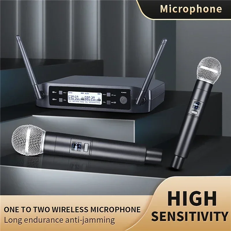 Dual Channels UHF Wireless Microphone Set Handheld Fixed Frequency Dynamic Mic for Karaoke Wedding Party Church Show Micro Phone