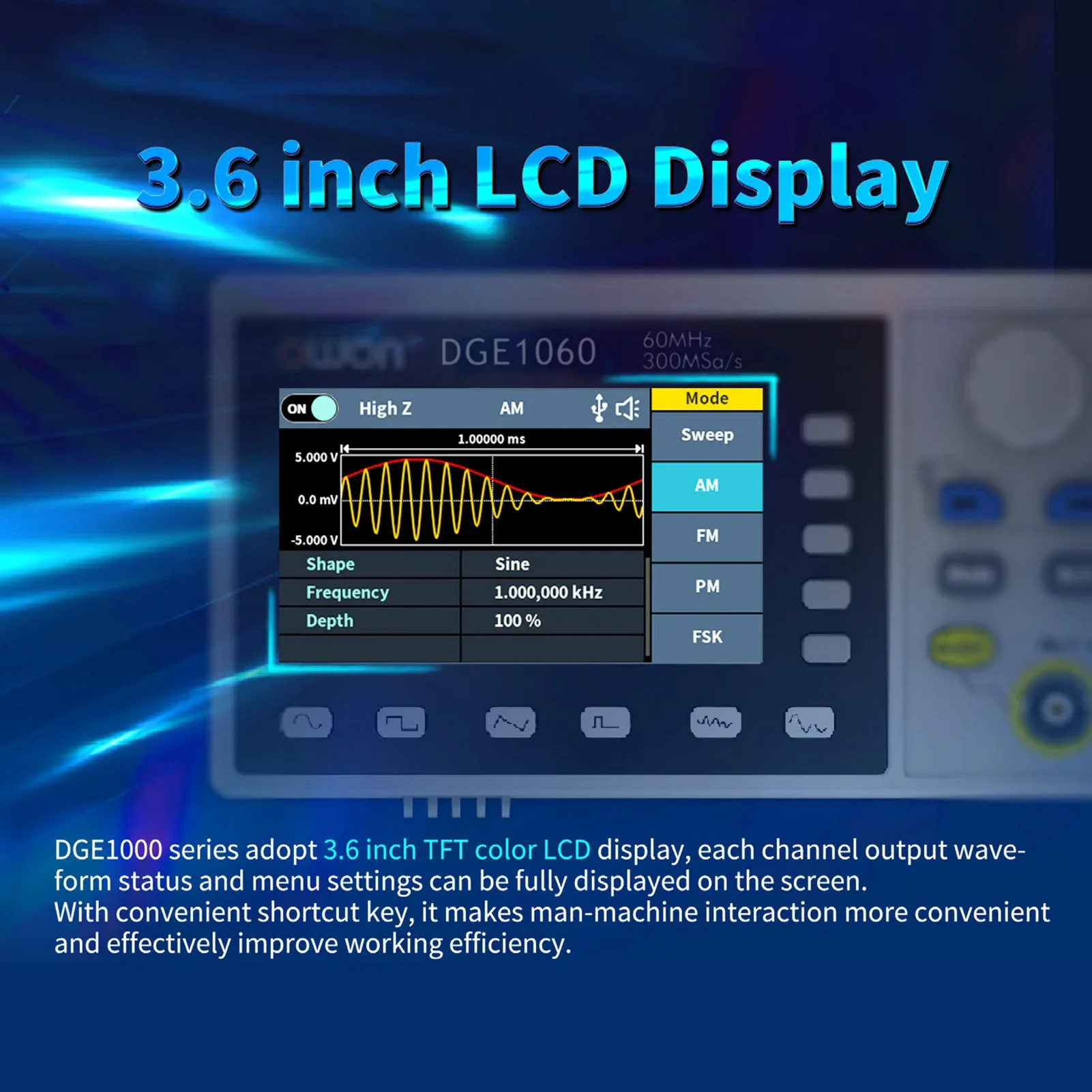 OWON DGE1060 Arbitrary Waveform Signal Generator Single Channel 60MHz 1CH 3.6-inch Desktop 14 bit Supports SCPI labview function