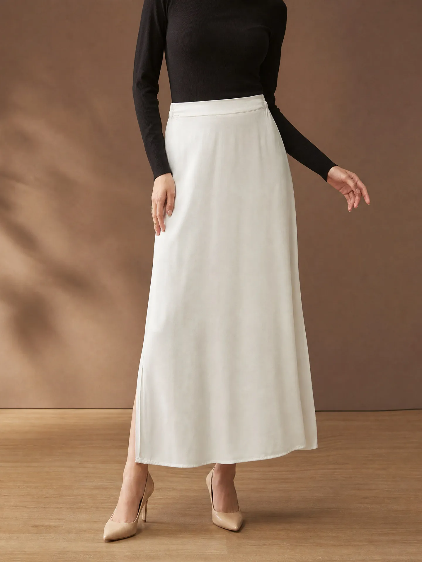 Winsleter-30MM 100%Real Silk Elegant Skirts, Elastic Waist Solid, Women Retro Temperament Straight Skirt, 2026 Autumn B69438CC