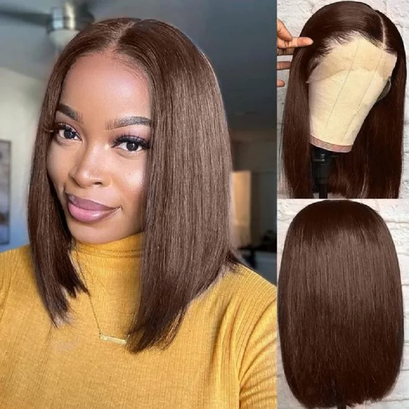 Dark Brown Short Bob Wig Human Hair Straight 13x4 Lace Front Human Hair Wigs Pre Plucked Hairline Free Part Wigs For Women