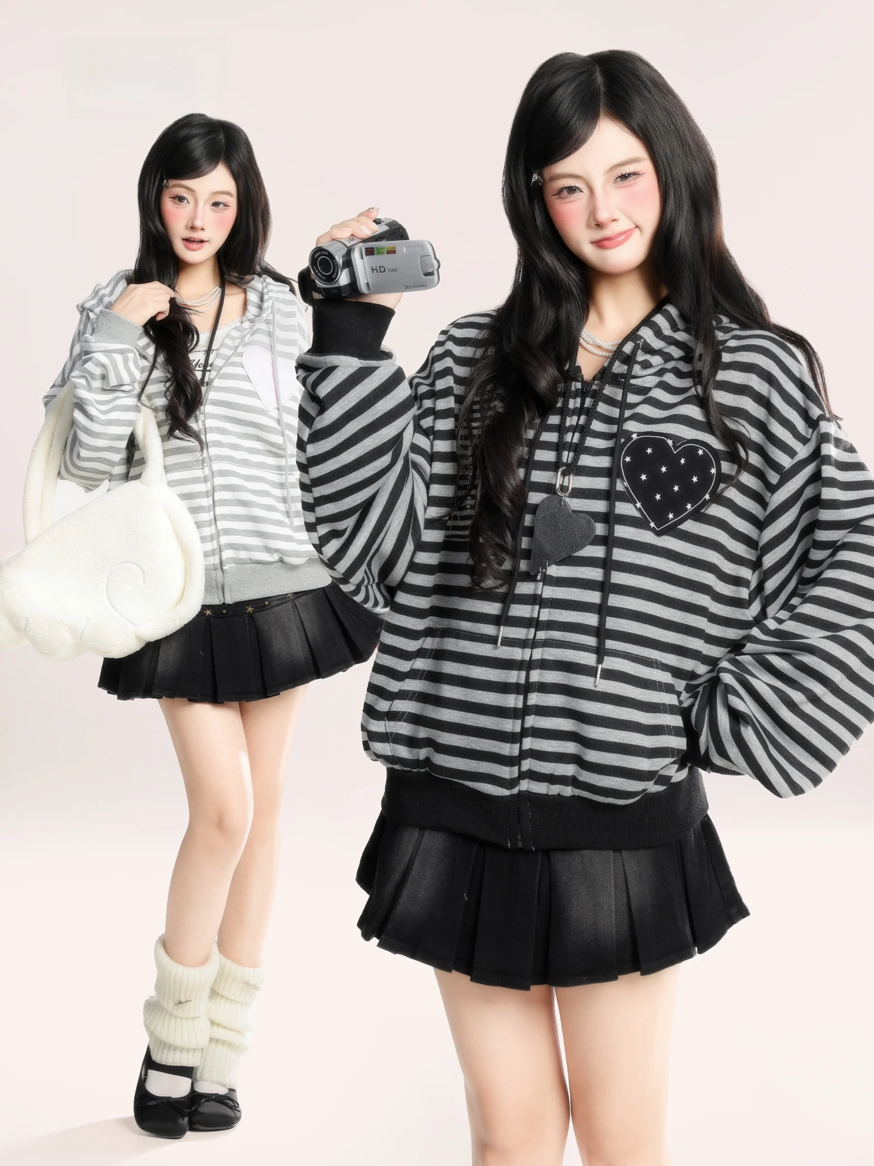 

Женская толстовка HM в американском ретро-стиле с пэчворком и полосками, свободного кроя, на молнии, для повседневной носки, весенняя коллекция, приталенная