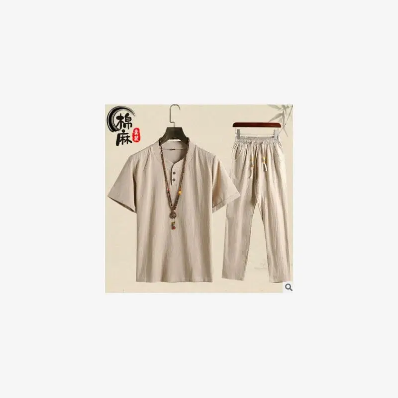 

Men's Casual Cotton Linen Short Sleeve T-shirt Loose Fit V-neck Summer New Style Plain Color Leisure Sportswear Set