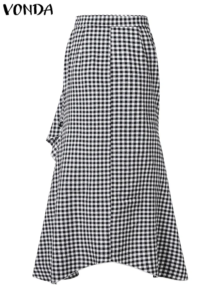 PLUS ขนาด 5XL VONDA กระโปรงผู้หญิง 2025 Casual เข็มขัดแยกไม่สมมาตรกระโปรงลายสก๊อตกระโปรง Ruffled สํานักงานด้านล่าง