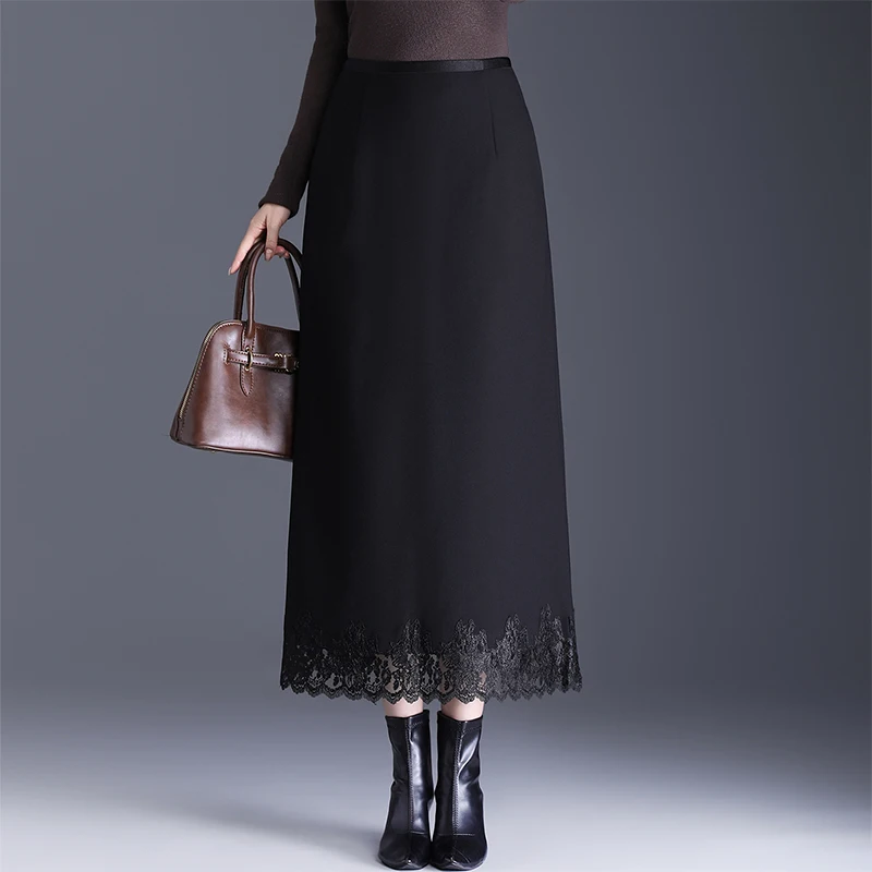 

Юбка-карандаш А-силуэта с кружевной вставкой, высокая талия, большие размеры, осень-зима, удлиненная, облегающая, стройнящая фигуру...