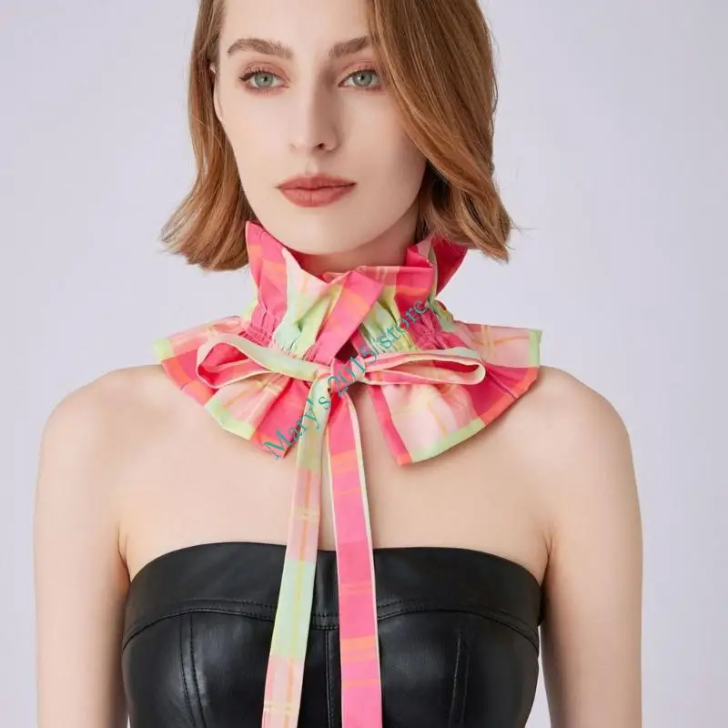 Detachable Check Neck Collar with Front Tie Closure and Ruffled Shoulder for Sweatshirts and Sweaters Costume Styling
