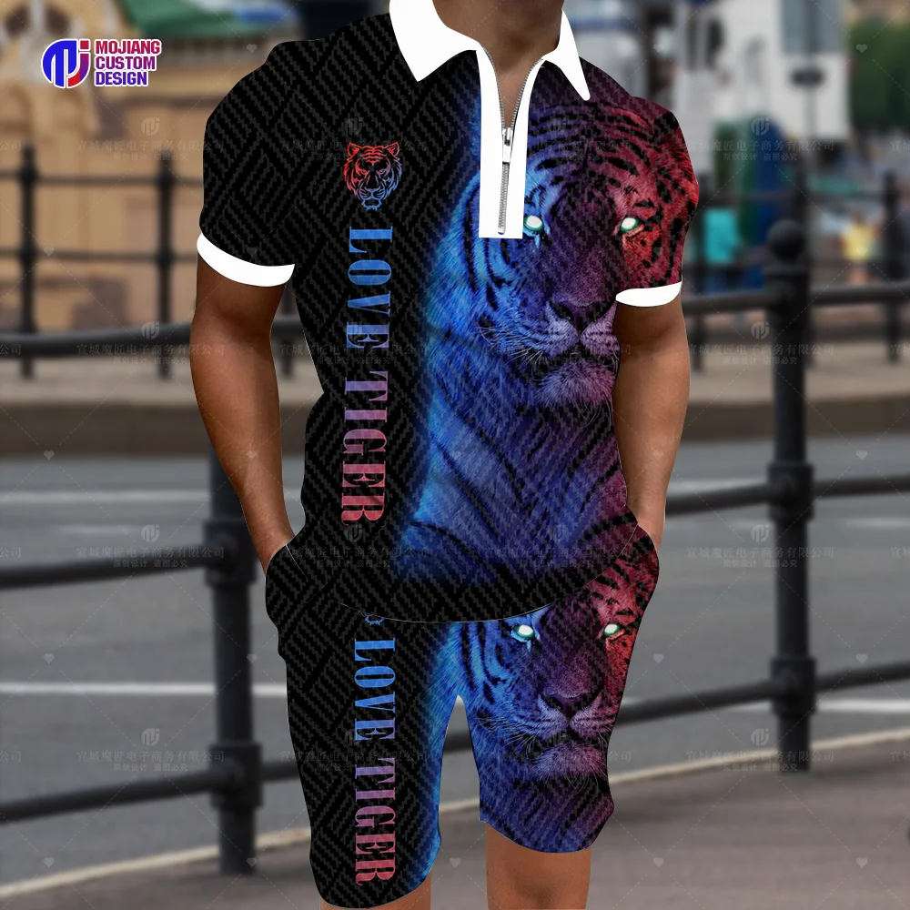 Cool The Tiger 3d Printed Polo Shirt/Shorts/Suit Summer Casual Lapel Short-Sleeved Animal Sportswear Two-Piece Sportswear