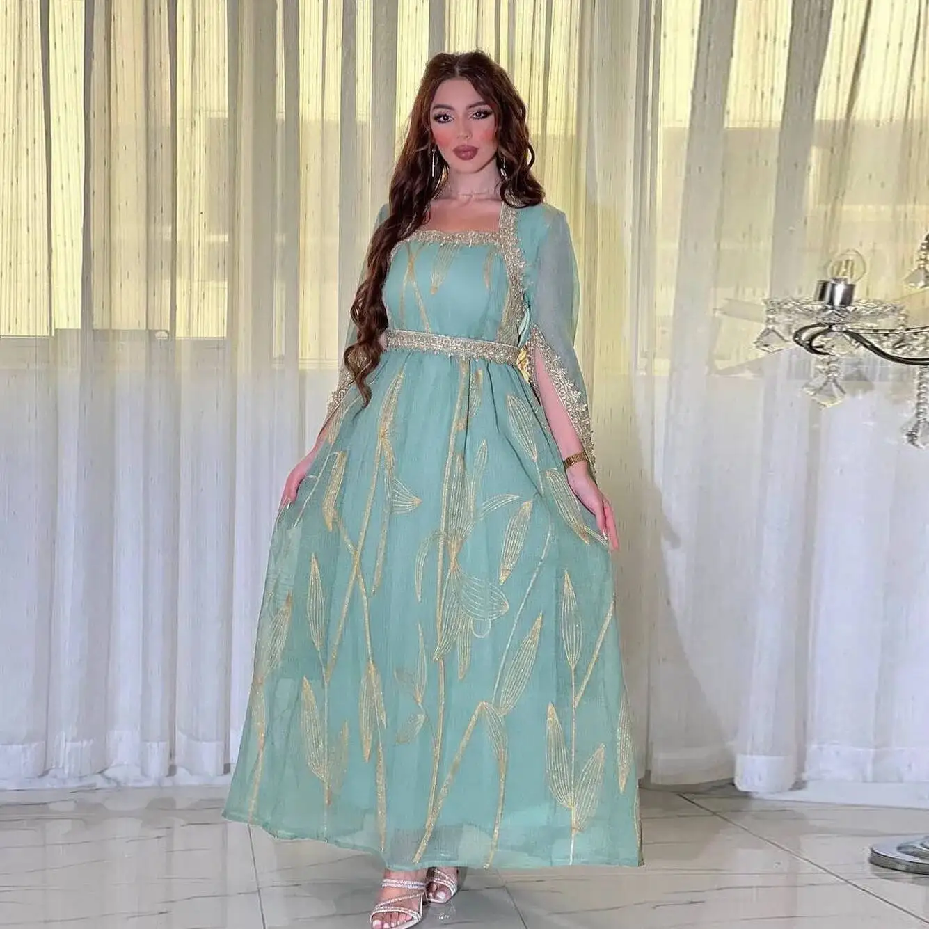

2026 Summer Long Ab339 Dress Embroidered Floral Women's Indonesian Dress Robe Abaya Ramadan Dubai Luxury Islam Elegant