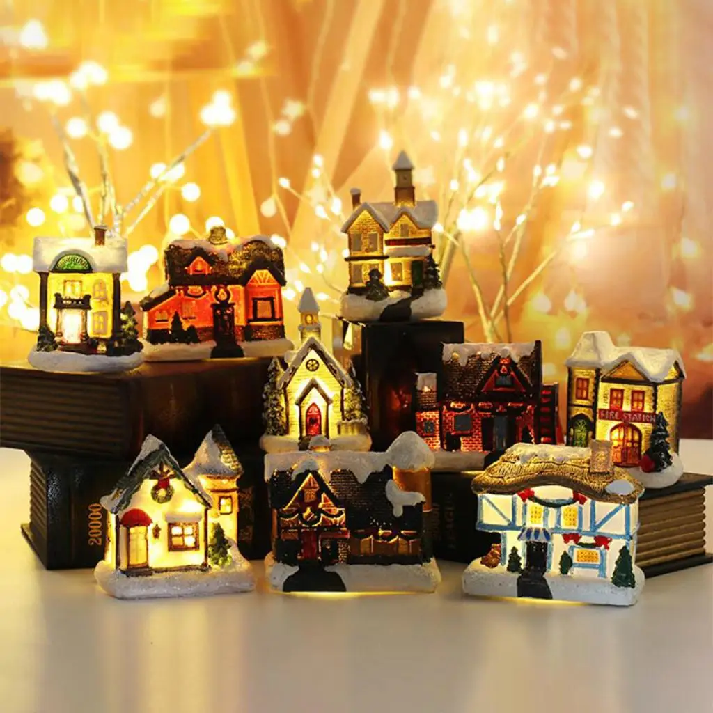 Mini maison miniature avec lumières LED chaleureuses, ornement de Noël en résine pour décoration de village de Noël
