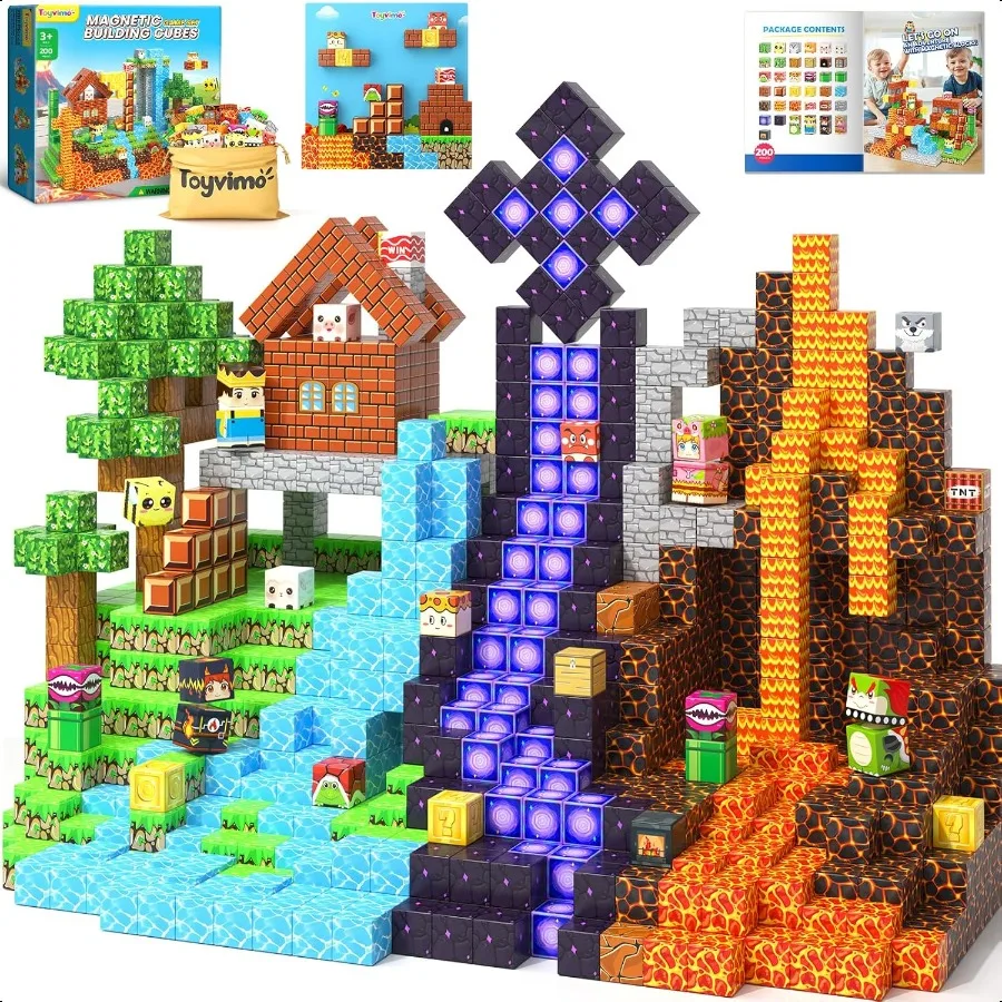 

200PCS Magnetic Blocks Toys for Ages 35 68 812 with Magnetic Board Sensory Toys Stacking Blocks Build Mine Magnet World3 4 5 6