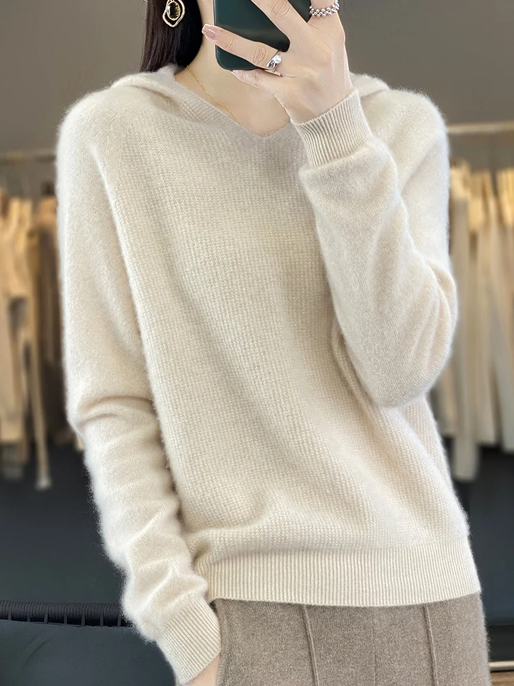 ADDONEE Women Basic Hooded Pullover Sweater 100% Merino Wool Long Sleeve Cashmere Knitwear Korean Popular Clothes Autumn Winter