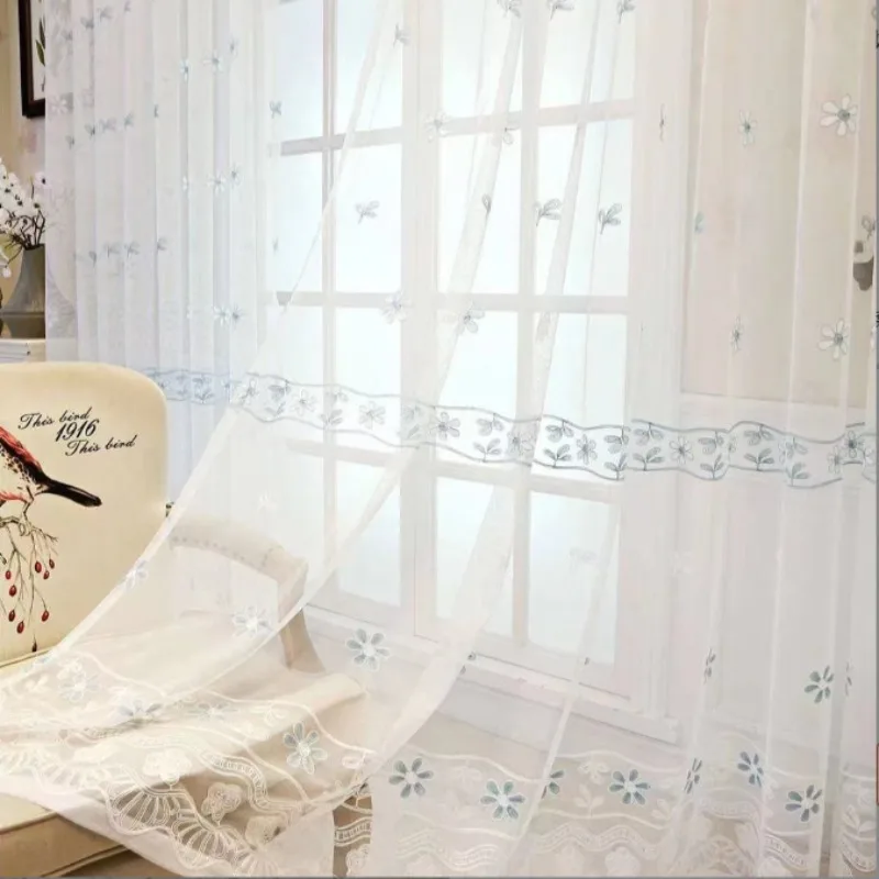 Nordic Ins Style Embroidery Double Row Small Flower Embroidery Gauze Curtain Small Fresh Living Room Bedroom Bay Window Curtain