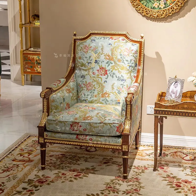 French European Solid Wood Carving Single Sofa Classical Luxury embroidery Fabric Villa Exhibition Hall Tiger Chair