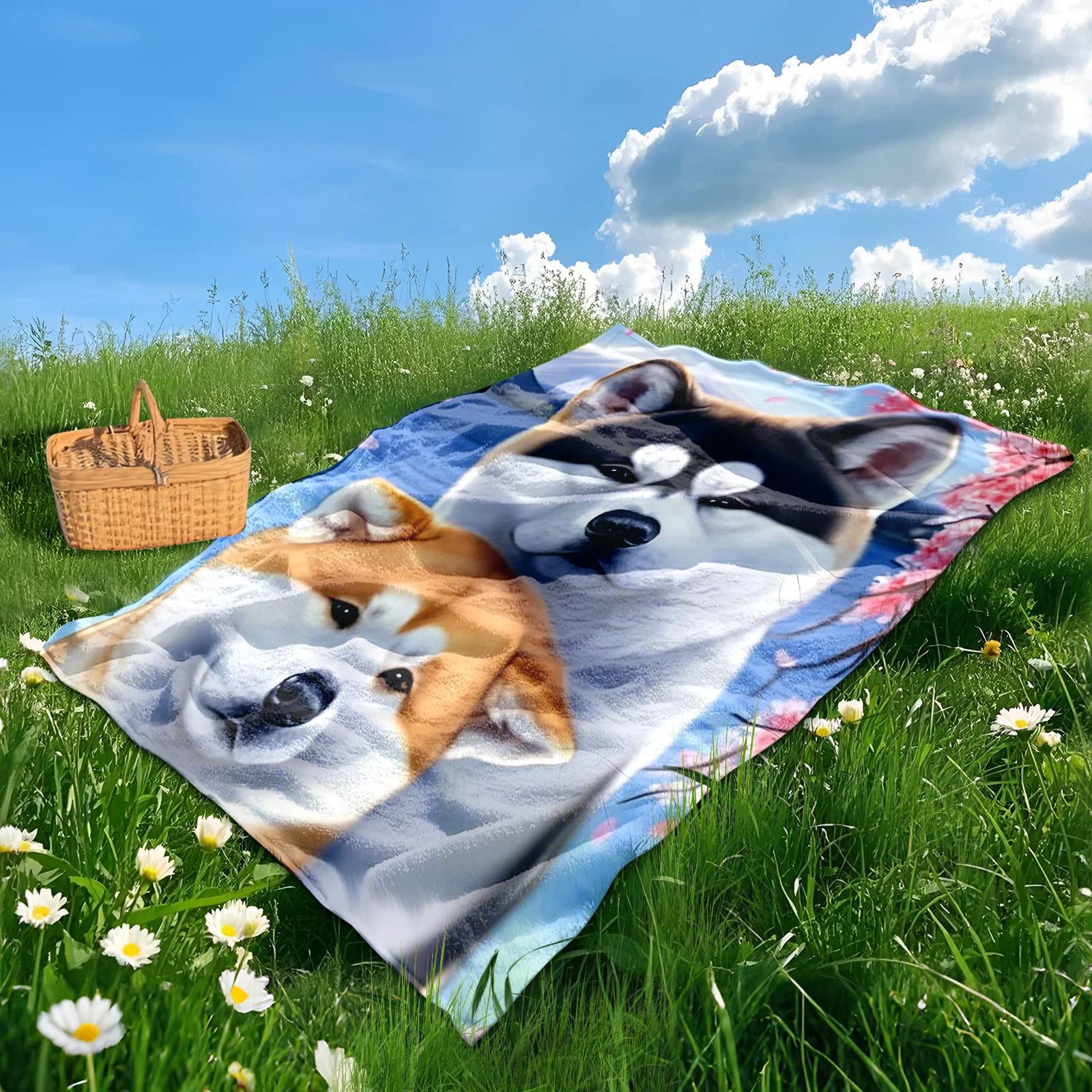 屋外の装飾や海岸をテーマにしたスペース用の桃の花と海のデザインの柴犬壁掛けブランケット
