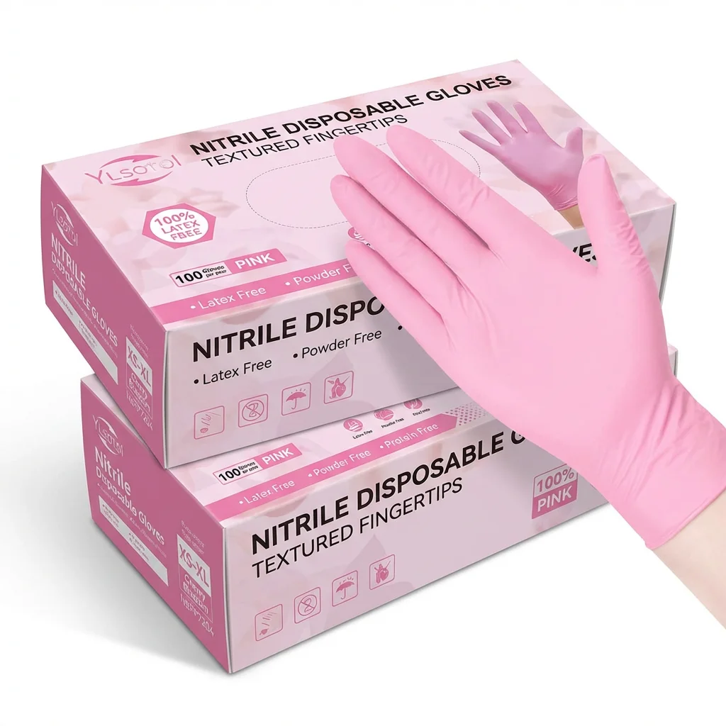 

100PCS Pink Nitrile Disposable Gloves, Latex Free & Powder Free, Textured Fingertips for Cooking, Cleaning, Pet Care Nail Salon