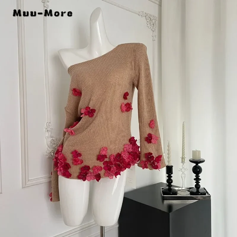 2024 Winter Elegant Sexy Slash Neck Knitting Long Sleeve Pullovers Women Sweet 3D Floral Chic Ladies Sweater Grey Loose Top