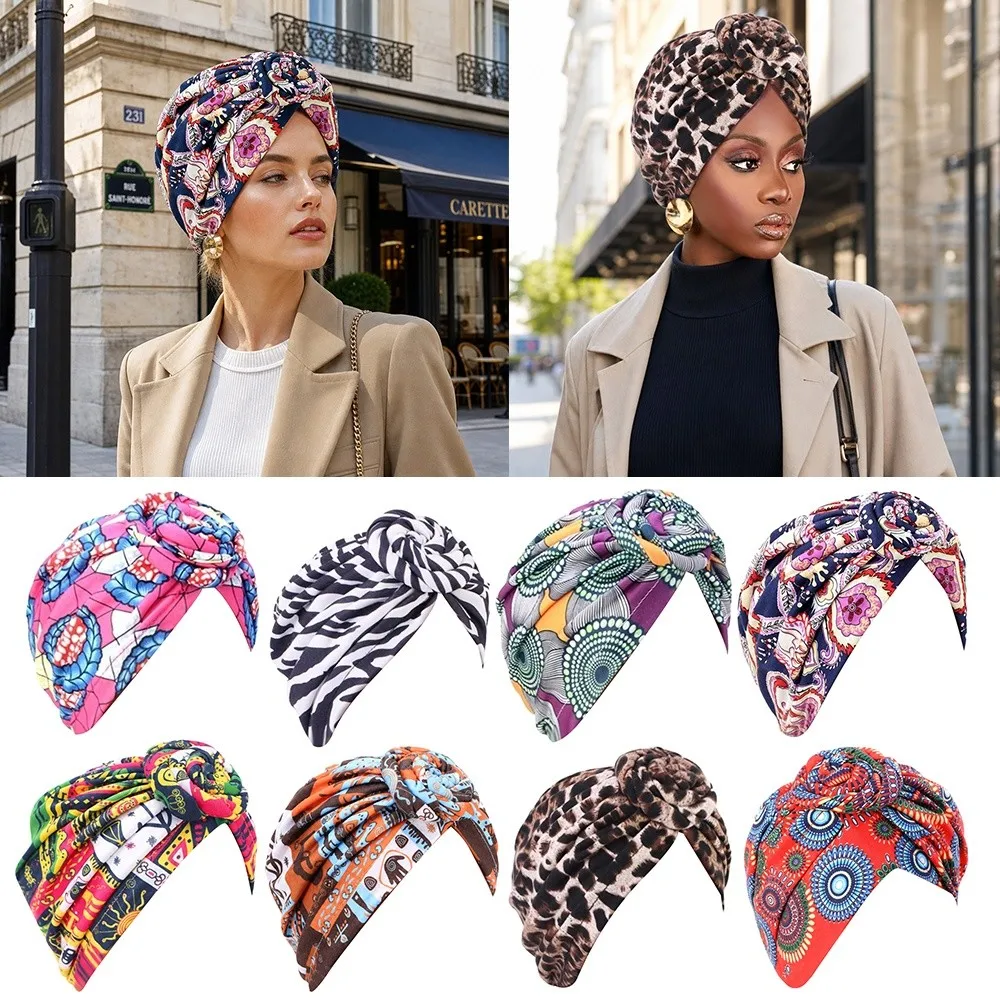 African Print Hijab Caps Knotted Style Wrap Twist Knot Turban Hat Elastic Soft Comfortable Floral Head Wrap All Match Decor