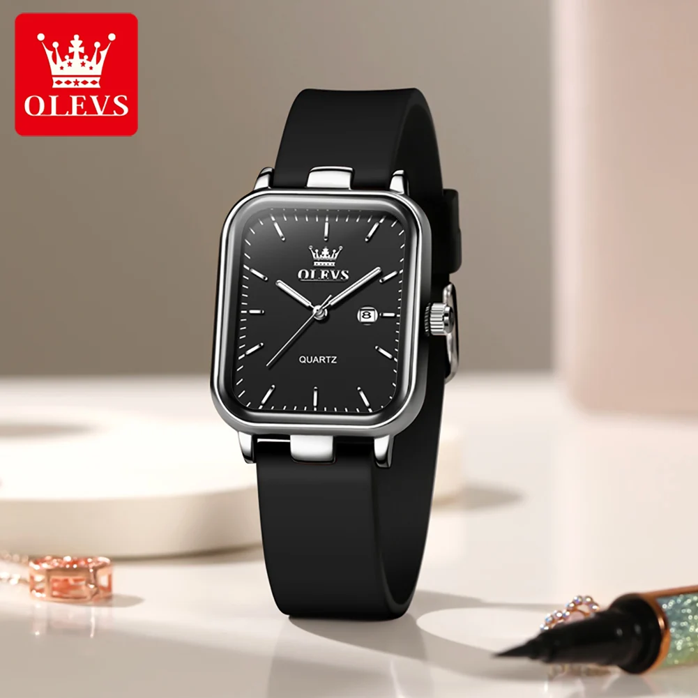 OLEVS 7089 Watch Woman Square Quartz Wristwatch Rubber Strap Waterproof Date Watches For Woman Original Elegant Set Gift Box
