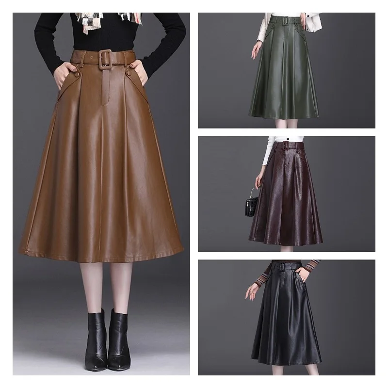 Women Pu Leather  A-Line Skirt With Belt 2021 Autumn Winter Fashion Pocket High Waist Elegant  Office Lady Skirt