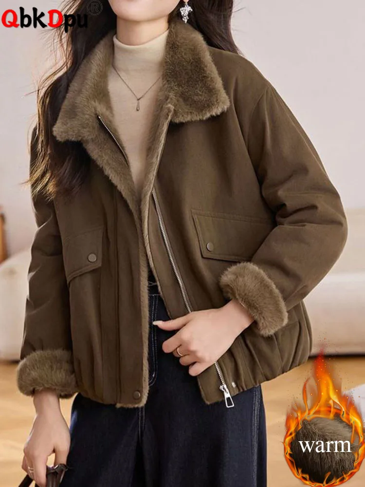 

Winter Warm Lapel Neck Outerwears Women Casual Lapel Neck Zipper Thicken Jackets Tops Korean Fashion Long Sleeve Chaquetas New