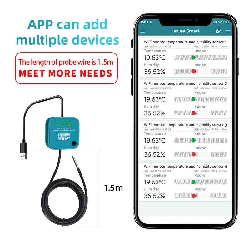 Jaalee JHT-UP WiFi Température/Humidité/Point de Rosée/VPD Therye.com/Hygromètre Réfrigérateur Congélateur ± 0.2 ℃ ± 2% Alertes d'Alarme