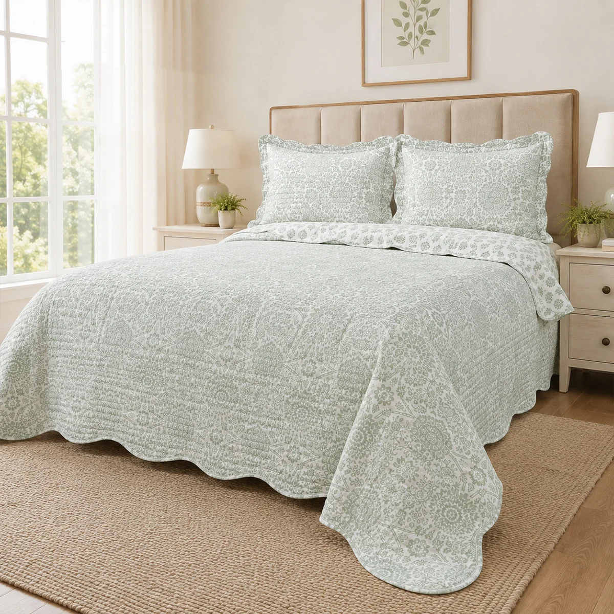 3pcs 100%cotton Quilted Bedspread Grass Green Retro Floral Quilt Twin Queen Size Coverlet Non-slip Sheet Double Bed Cover