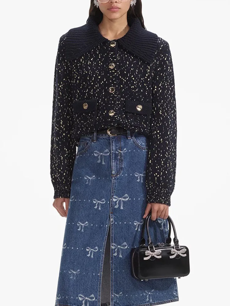 Woman clothing y2k fall and winter lapel floral knit Women coat2024 elastic waist wrap hip midi dresses two piece set for women