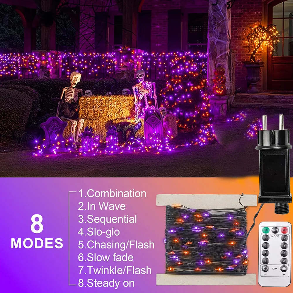 Luces de hadas parpadeantes para exteriores, jardín, balcón, fiesta de Halloween, naranja y morado, 1200LED, 8 modos