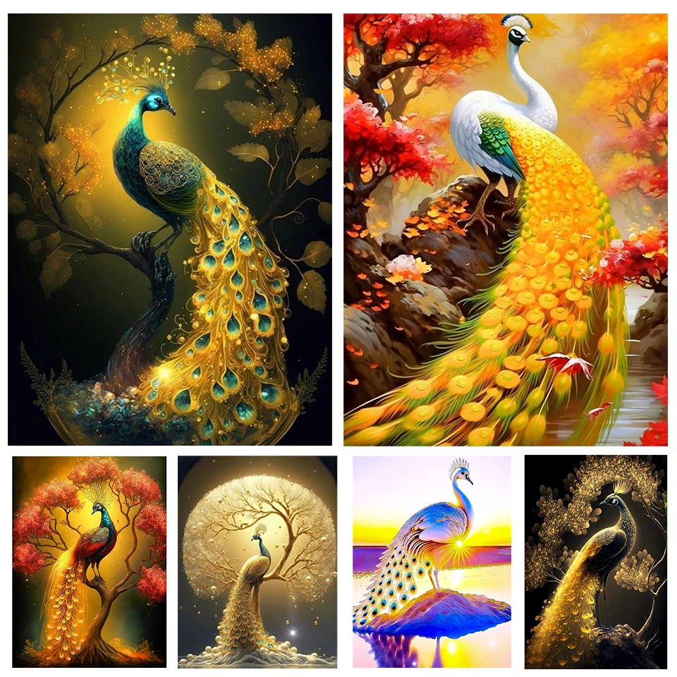 

5DDIY Diamond Painting Golden Peacock New Series Animal Full Circle Square Mosaic Diamond Picture Home Decoration