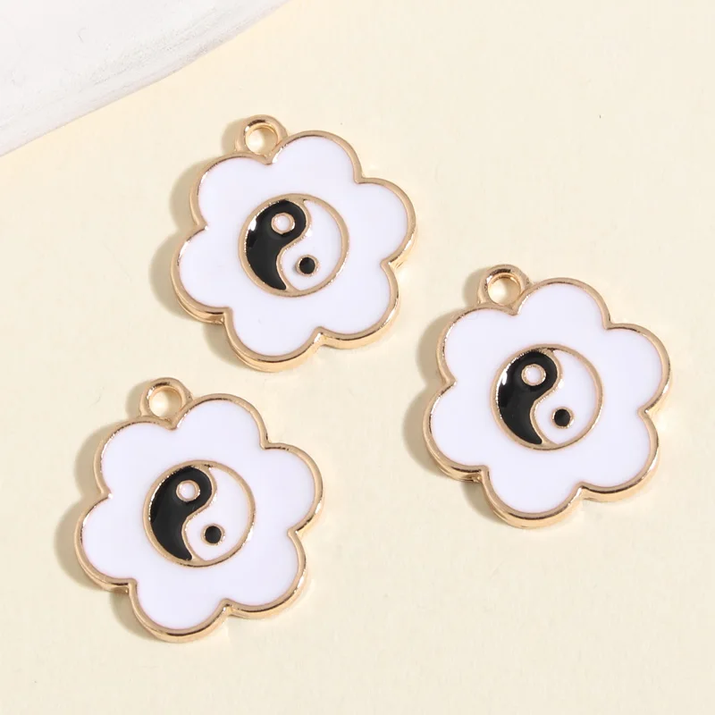 5pcs Gold Color 23x22mm Flower Yin Yang Taiji Gossip Charms Enamel Pendant Fit Necklaces DIY Handmade Jewelry Finding Supplies