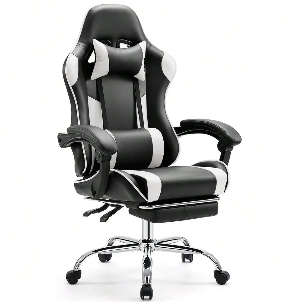 Gaming Recliner Desk Chair, PU Leather Computer Chair with Footrest, Lumbar Support, Headrest & Fixed Armrest