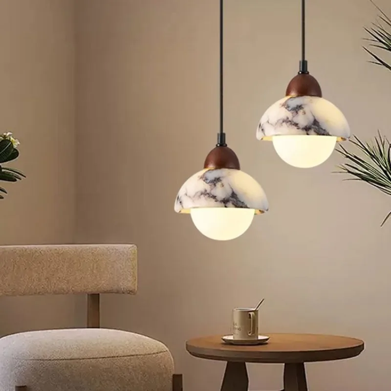 Natural Marble LED Pendant Lamp Porch Dining Room Restaurant Nordic Modern Wire Adjustable Iron White Glass Hanging Lights
