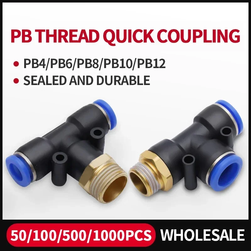 

PB Tee T type Pneumatic Fitting Quick Connector 6-12mm Hose Tube to 1/8 1/4 3/8 1/2 Thread Air Compressor Joint Coupler