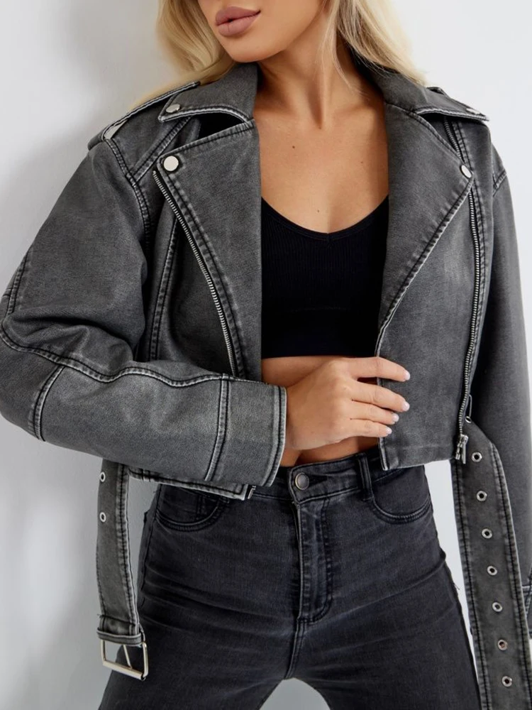 Ailegogo Streetwear damskie luźna w stylu Retro na suwak ze sztucznej skóry krótkie kurtka z paskiem damskie Moto w stylu Vintage kurtka na rower szykowna odzież wierzchnia